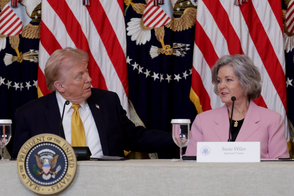 President Trump and Wiles during a lunch with the Trump Kennedy Center Board Members in the East Room of the White House in Washington on March 16, 2026.